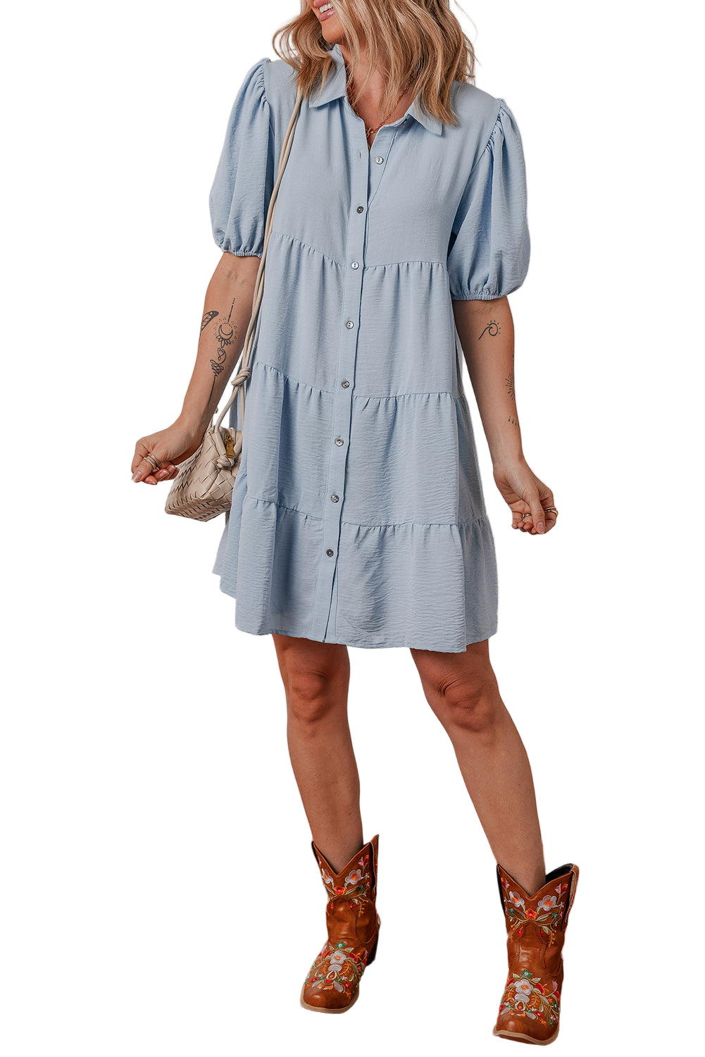 Threaded Pear Arya Shirt Collar Button Up Puff Sleeve Tiered Dress - Image 3