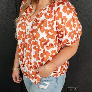 Sky Plus Size Floral Print Drawstring V Neck Short Sleeve Blouse by Threaded Pear