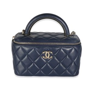 Chanel Women's Navy Quilted Lambskin Top Handle Vanity Case With Chain