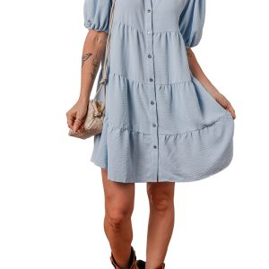Threaded Pear Arya Shirt Collar Button Up Puff Sleeve Tiered Dress