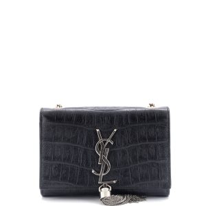 Pre-Loved Saint Laurent Classic Monogram Tassel Crossbody Bag Crocodile Embossed Leather Small
