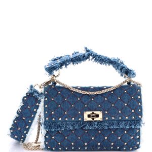 Pre-Loved Valentino Rockstud Spike Flap Bag Quilted Denim Medium