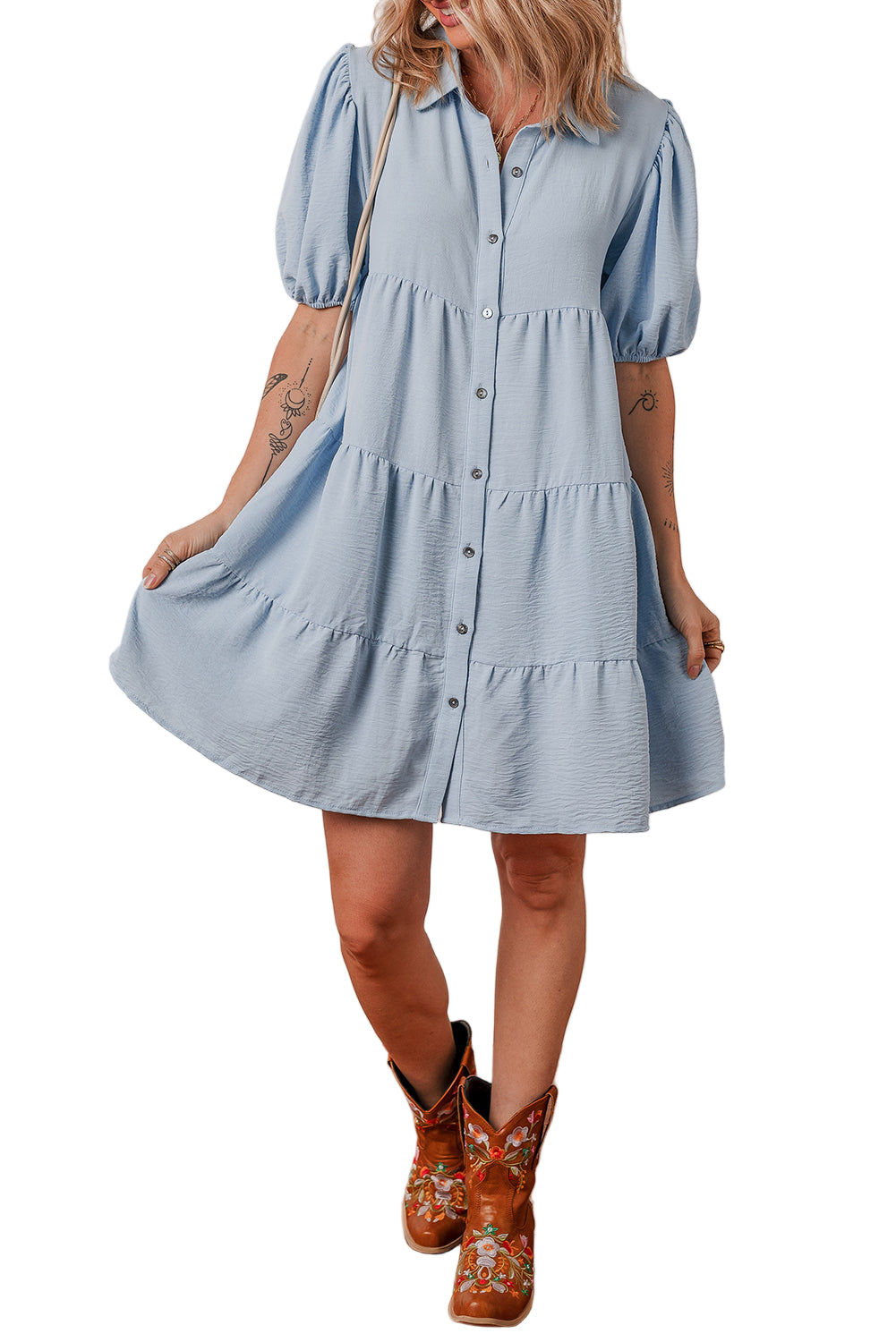 Threaded Pear Arya Shirt Collar Button Up Puff Sleeve Tiered Dress - Image 5