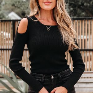 Amaya Ribbed Knit Cold Shoulder Sweater by Threaded Pear