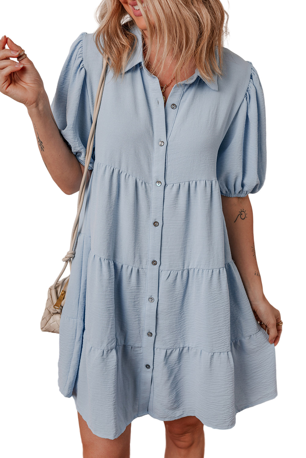 Threaded Pear Arya Shirt Collar Button Up Puff Sleeve Tiered Dress - Image 4