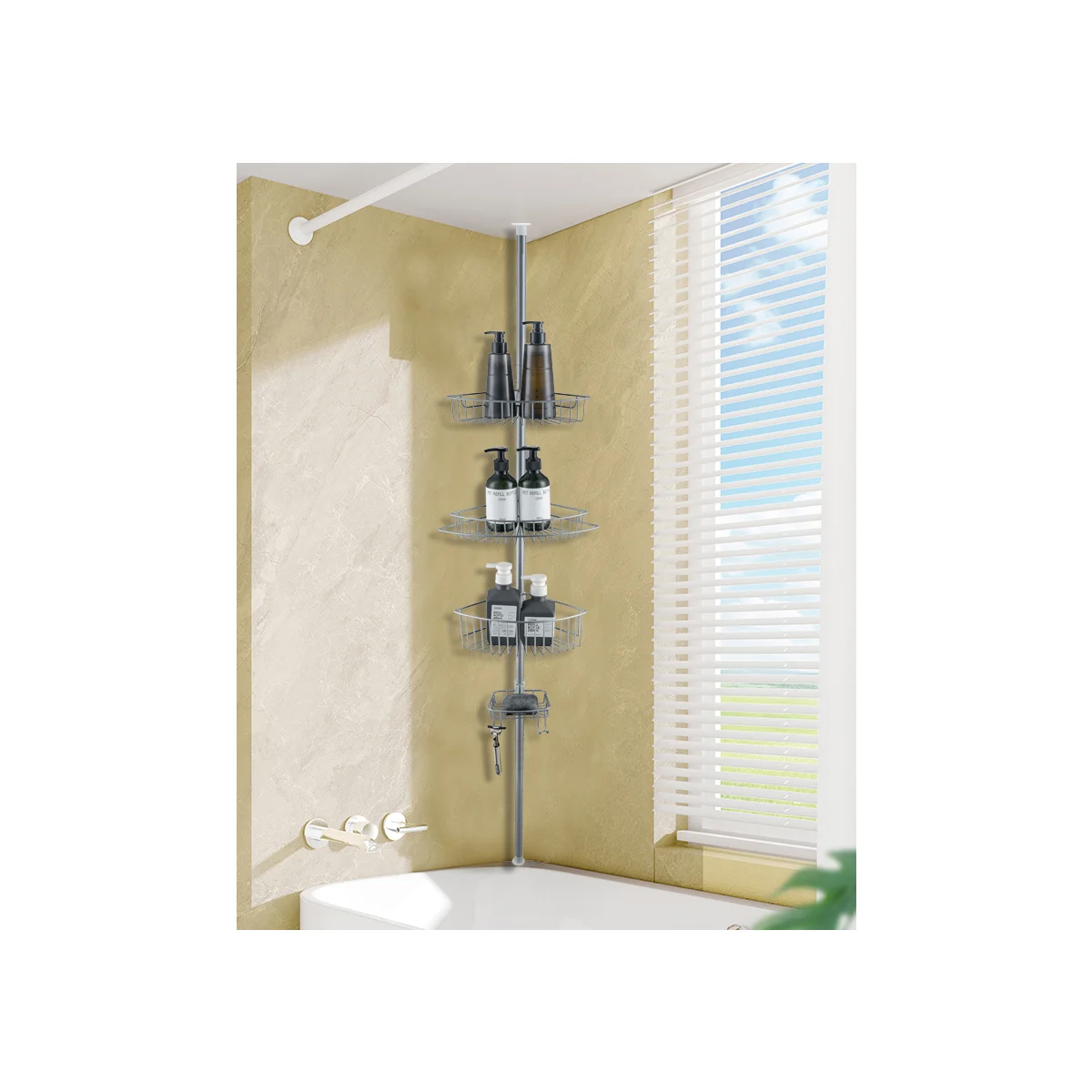 J&V Textiles 4 Tier Rustproof Shower Caddy Corner Organizer With Adjustable Shelves and Tension Pole - Image 3
