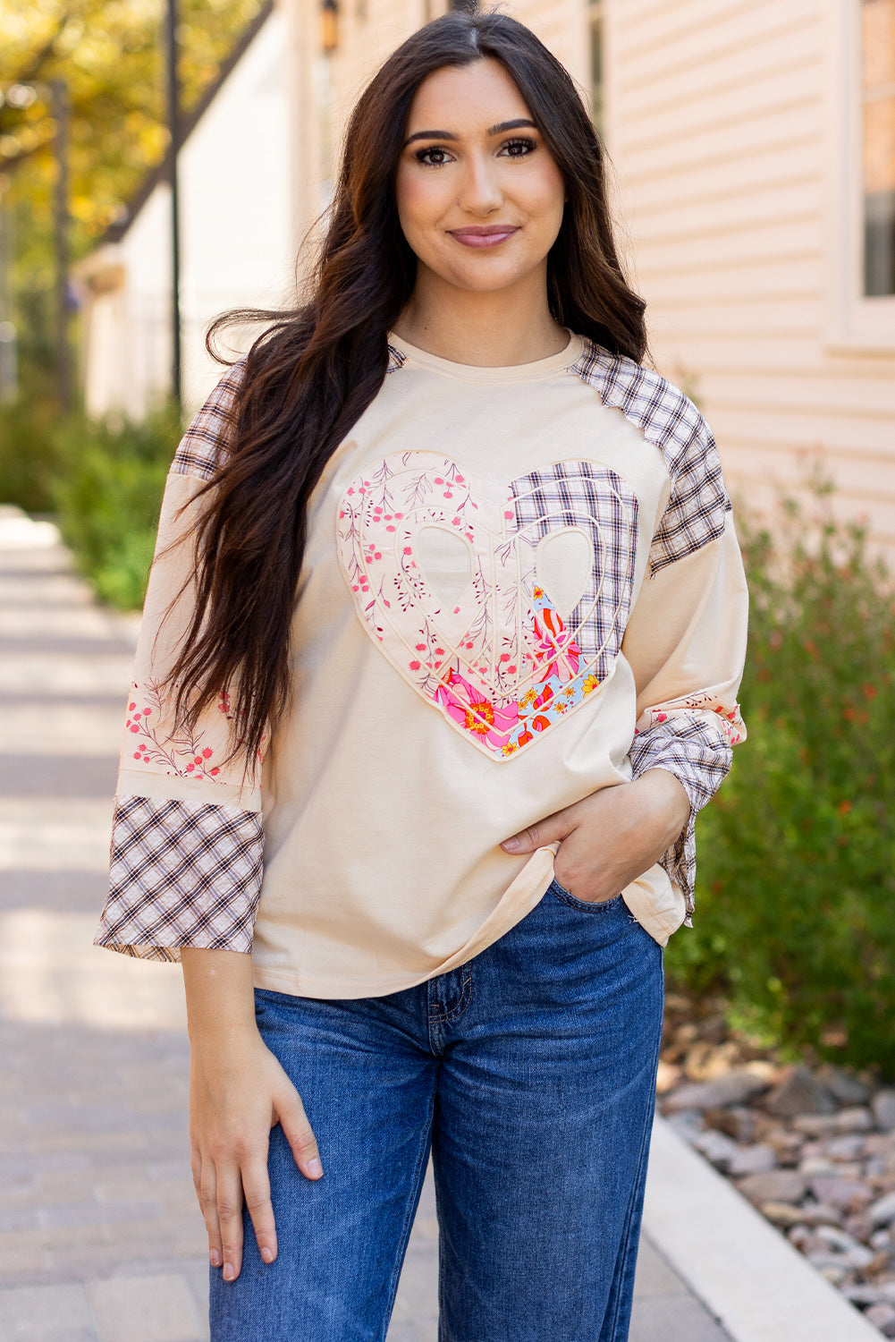 Emilia Plaid Floral Peace Heart Long Sleeve Top by Threaded Pear - Image 7