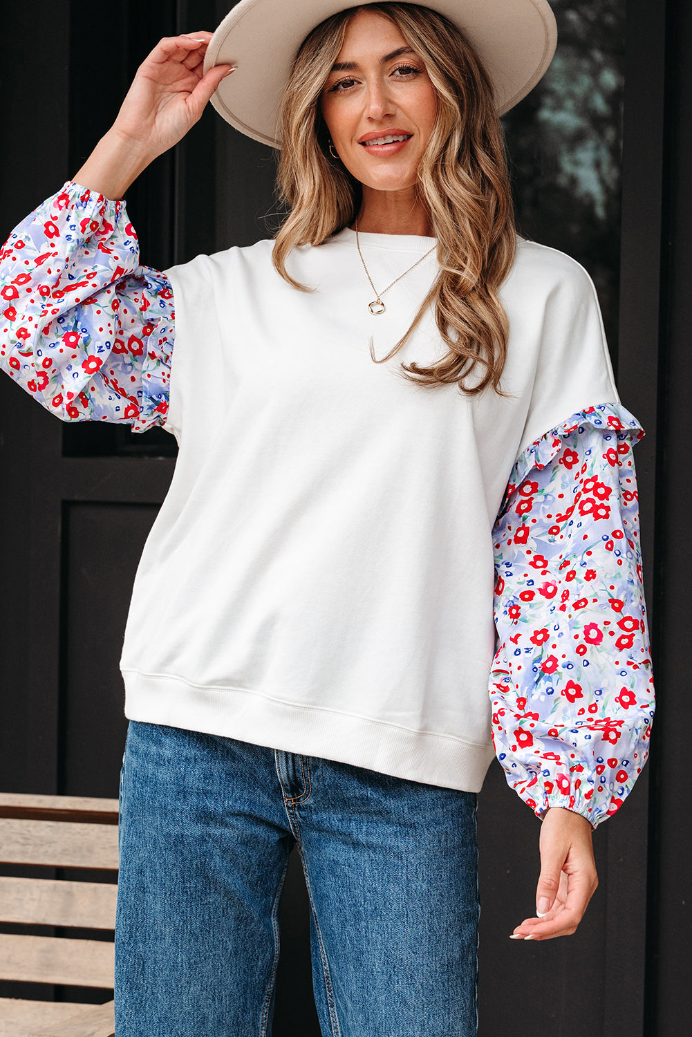 Threaded Pear Isabel Floral Ruffled Balloon Sleeve Loose Blouse