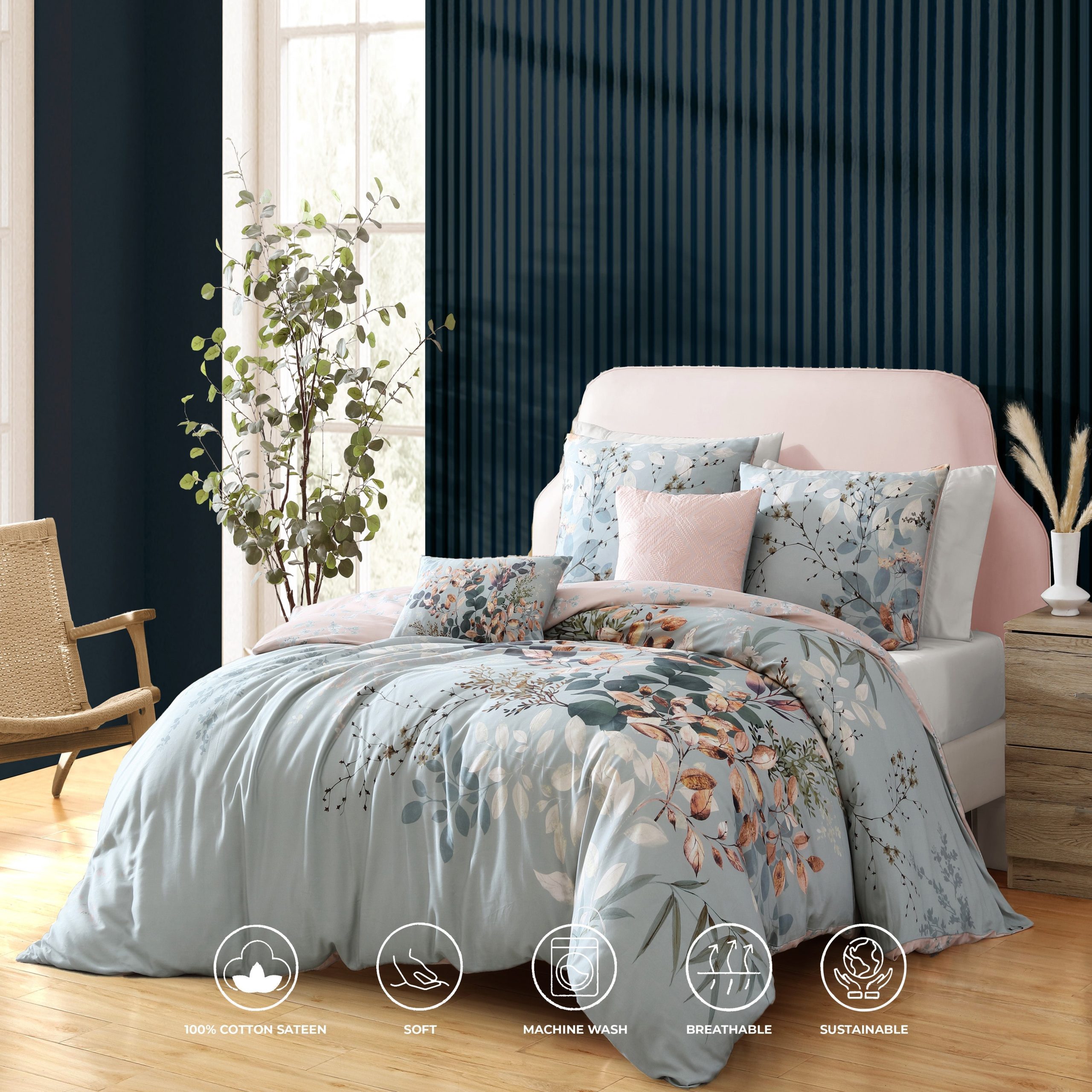 Bebejan Peach Leaves on Sage 5 Piece Reversible Comforter Set - Image 2