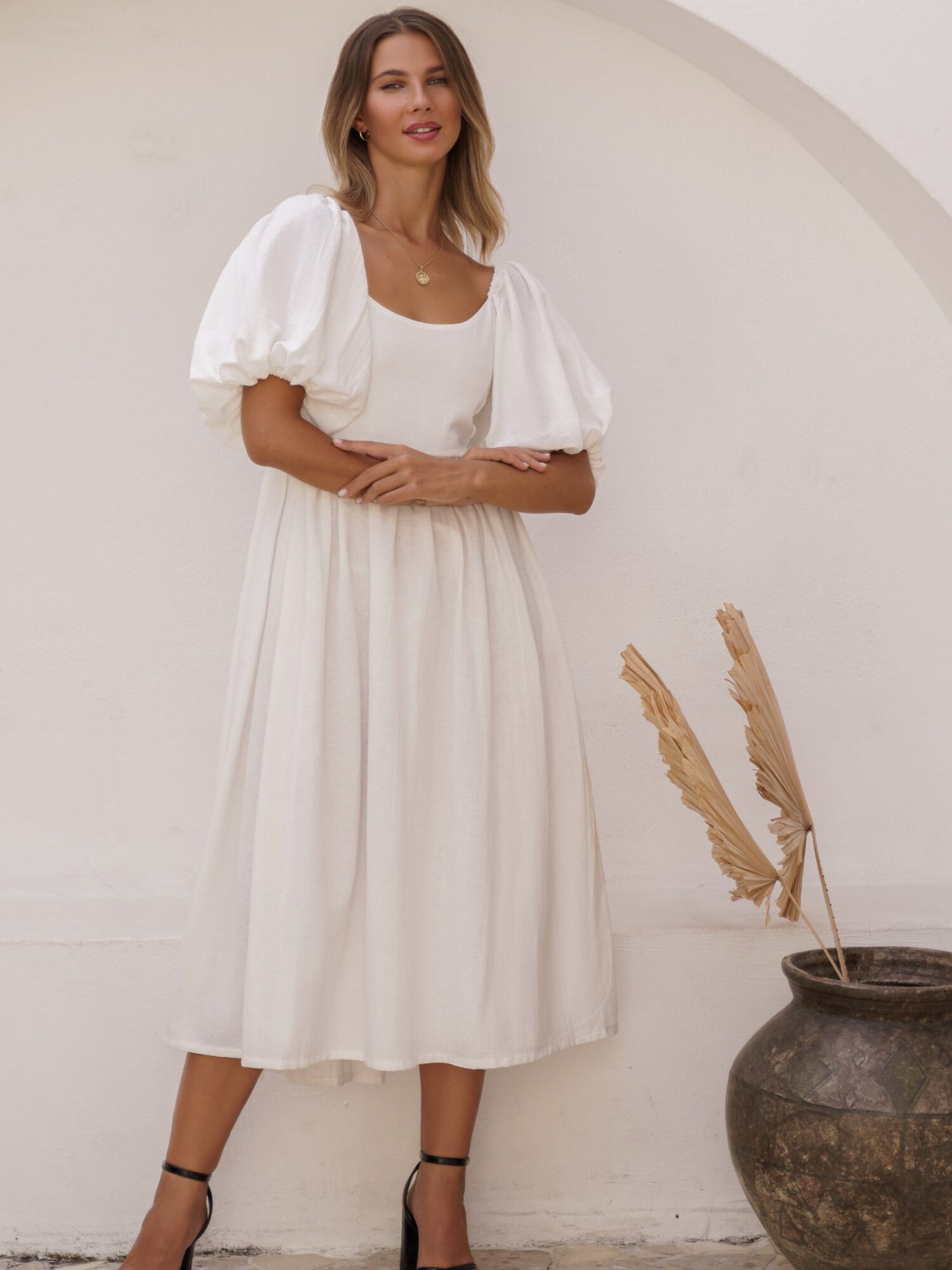 Bali ELF Women's Cherie Puff Sleeve Midi Dress