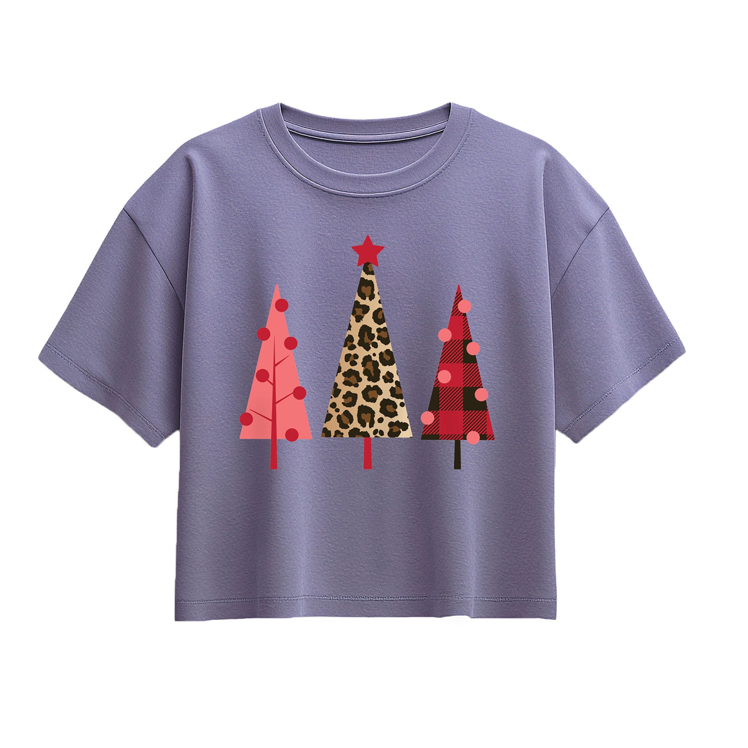 Instant Message - Leopard Print Christmas Trees - Youth Girl Short Sleeve Boxy Tee - Image 4