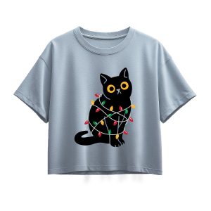 Instant Message - Cat Wrapped In Christmas Lights - Youth Girl Short Sleeve Boxy Tee