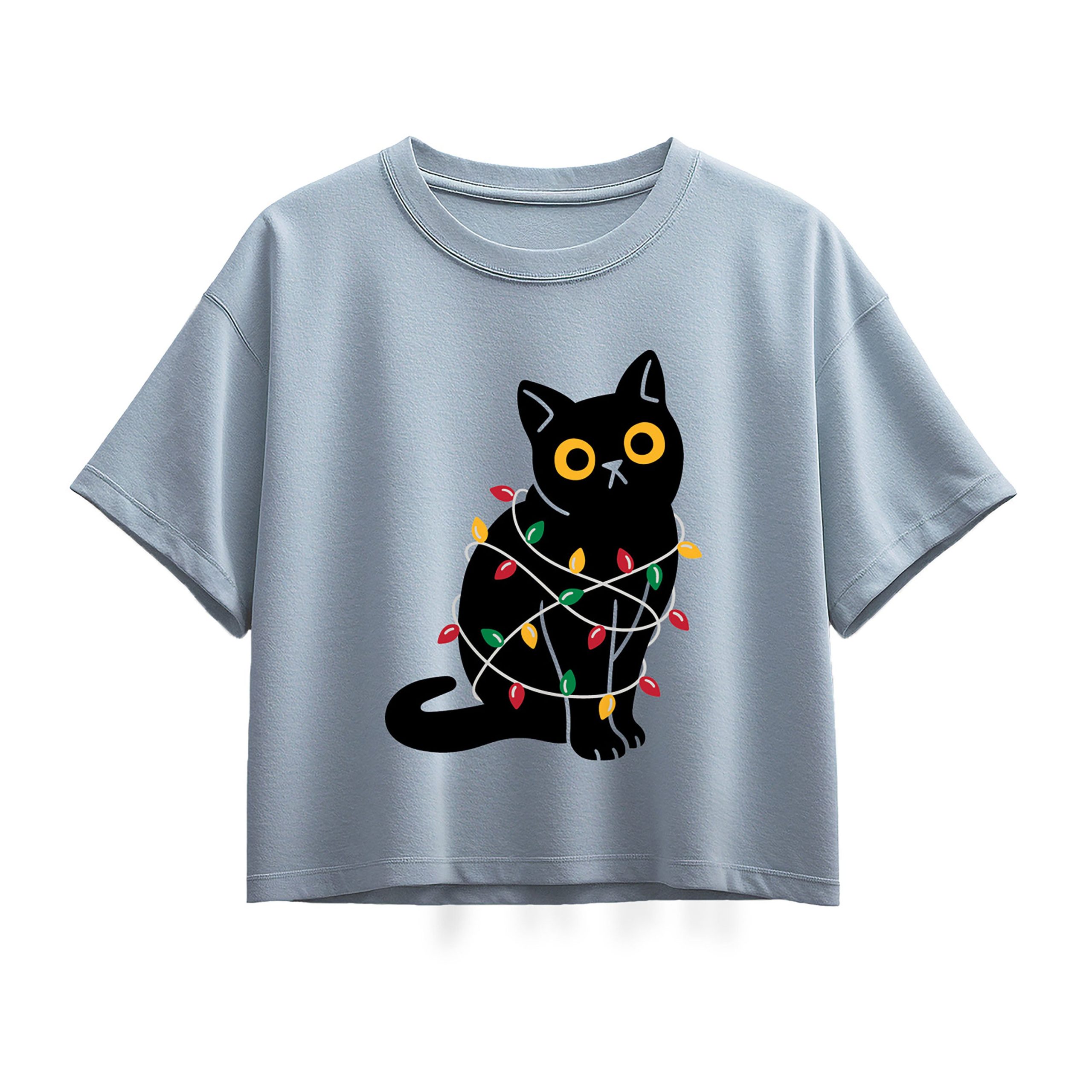 Instant Message - Cat Wrapped In Christmas Lights - Youth Girl Short Sleeve Boxy Tee
