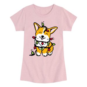 Instant Message - Corgi Wrapped in Christmas Lights - Youth Girls Short Sleeve T-shirt