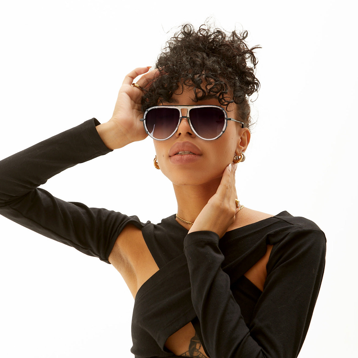 TopFoxx Ivy Luxe - Clear Black Tangle-Free Unisex Round Aviator Sunglasses - Image 5
