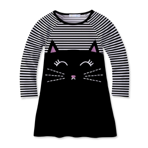 Sunshine Swing Girl's Cat Face & Stripe Print Raglan Dress