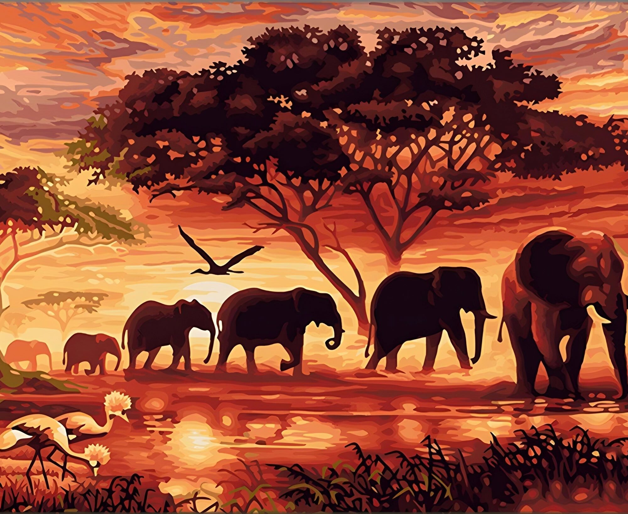 Paint with Number A Sunset And A Herd Of Elephant