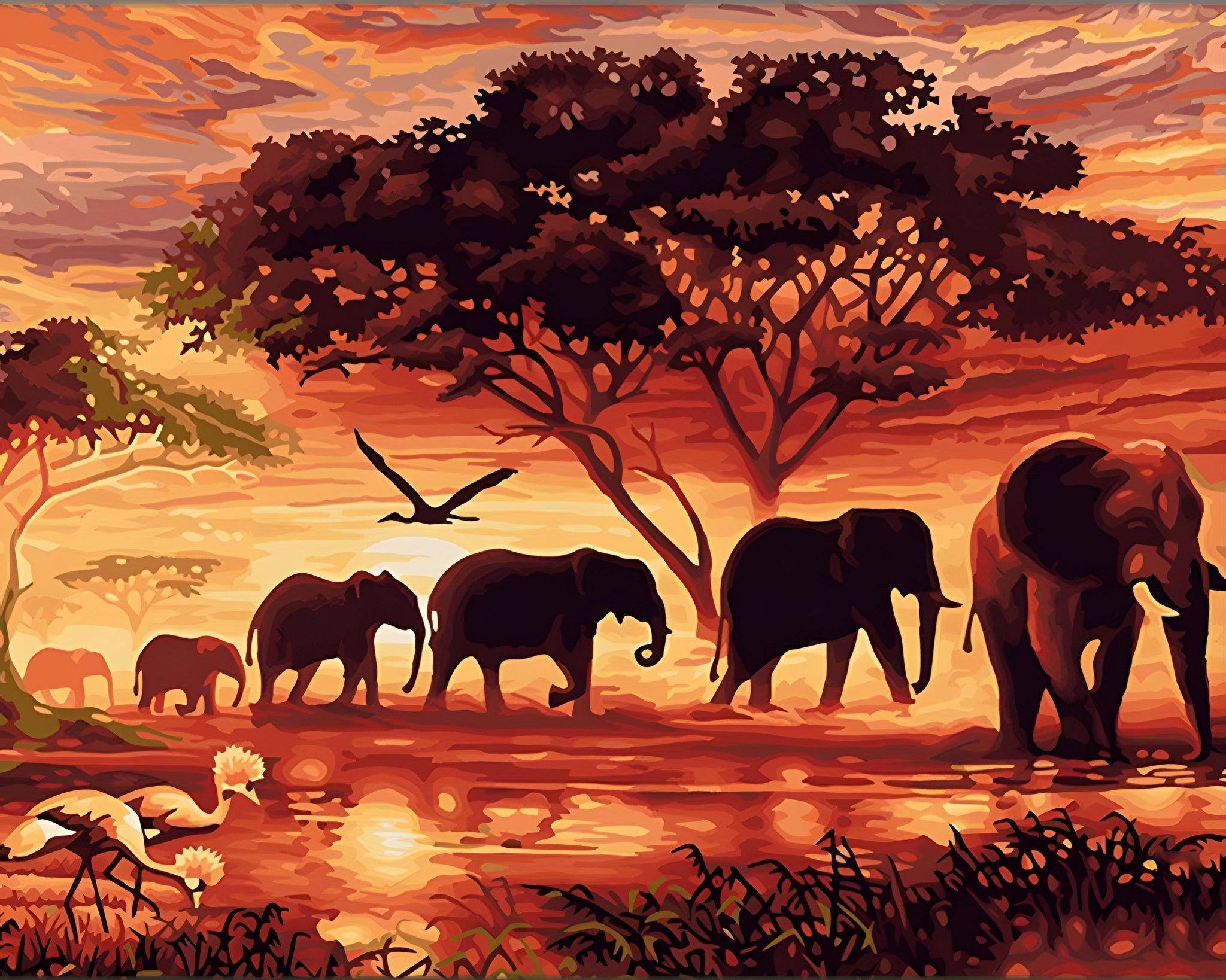 Paint with Number A Sunset And A Herd Of Elephant