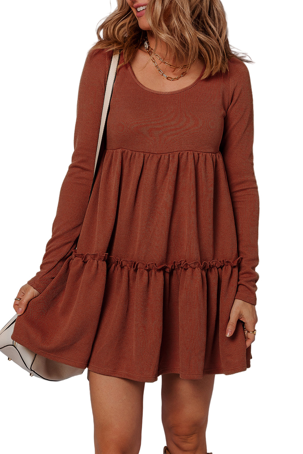 Threaded Pear Everleigh Ribbed Frilled Trim High Waist Dress - Image 3