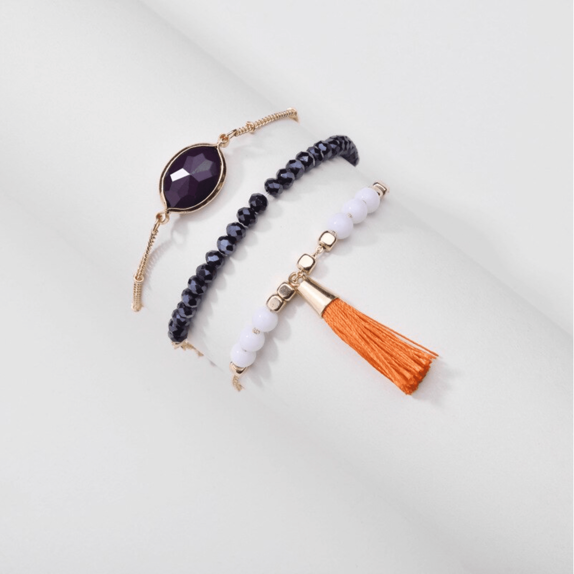 Don't AsK Set of 3 Beaded Bracelets with Orange Tassel ?C Stacking Stretch Bracelets