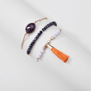 Don't AsK Set of 3 Beaded Bracelets with Orange Tassel ?C Stacking Stretch Bracelets