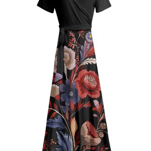 Lily by Firmiana Women's Short Sleeve Wrap-Style Maxi Dress with Tie Black & Multicolor Floral Print