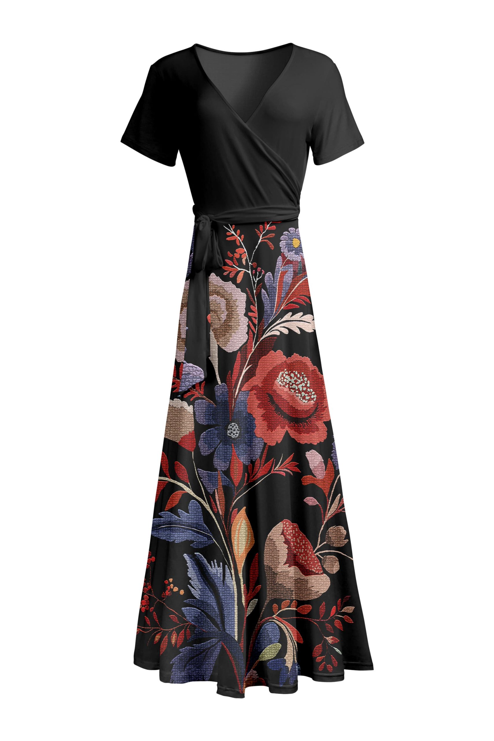 Lily by Firmiana Women's Short Sleeve Wrap-Style Maxi Dress with Tie Black & Multicolor Floral Print