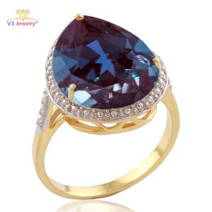 V3 Jewelry 8.50CT Color Changing Alexandrite Tear Drop Solitaire 18K Gold plated Sterling Silver Ring