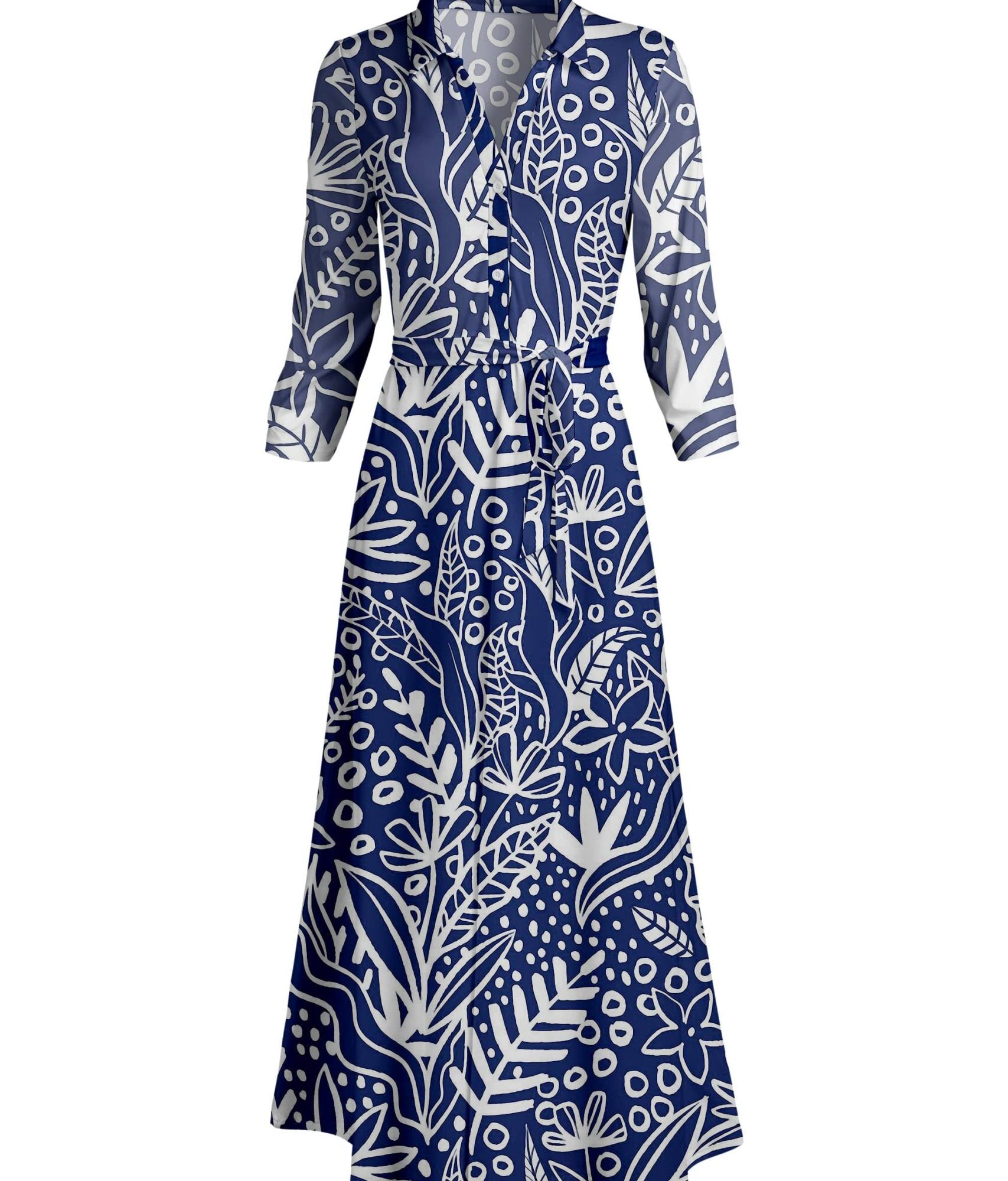 Lily by Firmiana Women's Long Sleeve Collared Maxi Dress with Tie Blue & White Leaf Print