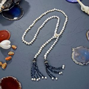 MGR Women's Cultured Pearl Lariat Necklace with Black Crystal & Pearl Tassels