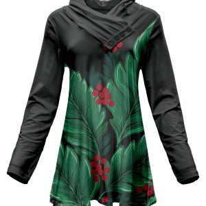 Lily by Firmiana Women's Long Sleeve Cowl Neck Tunic with Pockets. Lily by Firmiana Women's Long Sleeve Cowl Neck Tunic with Pockets Black & Green Palm Leaf Holiday Print