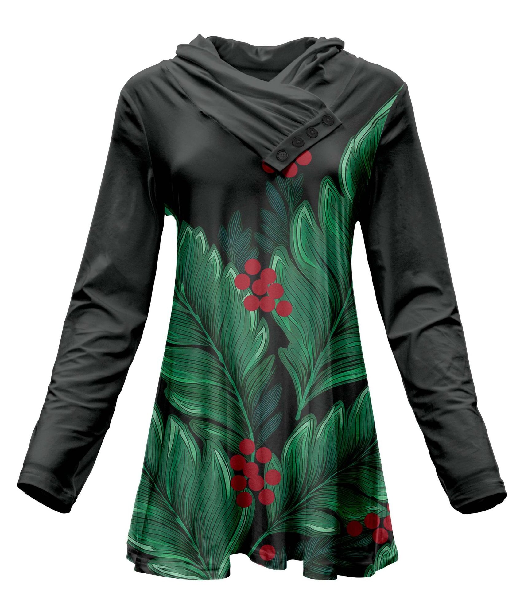 Lily by Firmiana Women's Long Sleeve Cowl Neck Tunic with Pockets. Lily by Firmiana Women's Long Sleeve Cowl Neck Tunic with Pockets Black & Green Palm Leaf Holiday Print