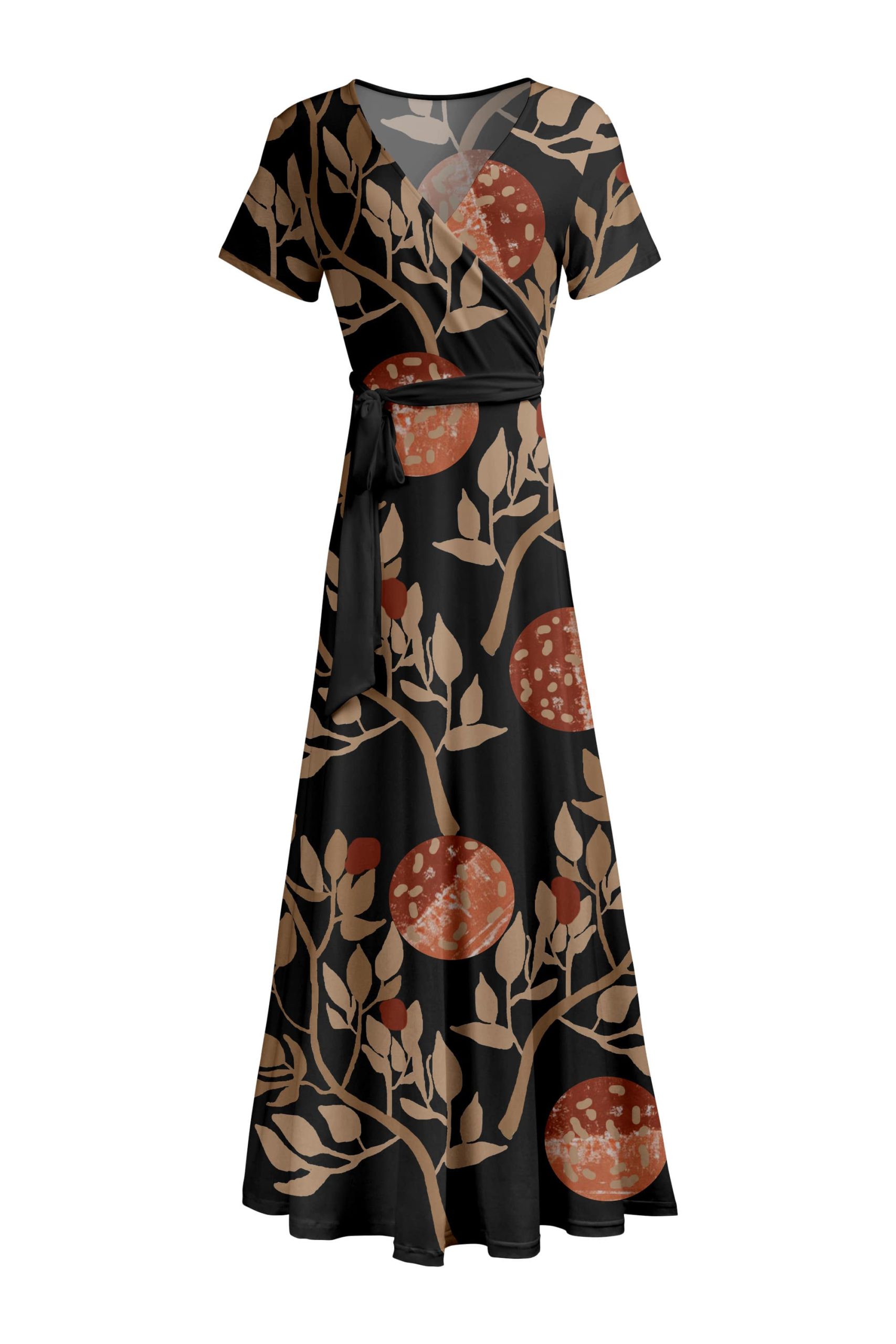 Lily by Firmiana Women's Short Sleeve Wrap-Style Maxi Dress with Tie Black & Tan Tropical Leaf Print