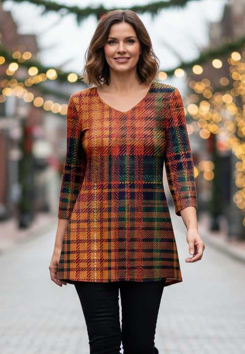 Lily by Firmiana Women's ¾ Sleeve V-Neck Tunic Orange & Red Gradient Plaid Tunic - Image 4