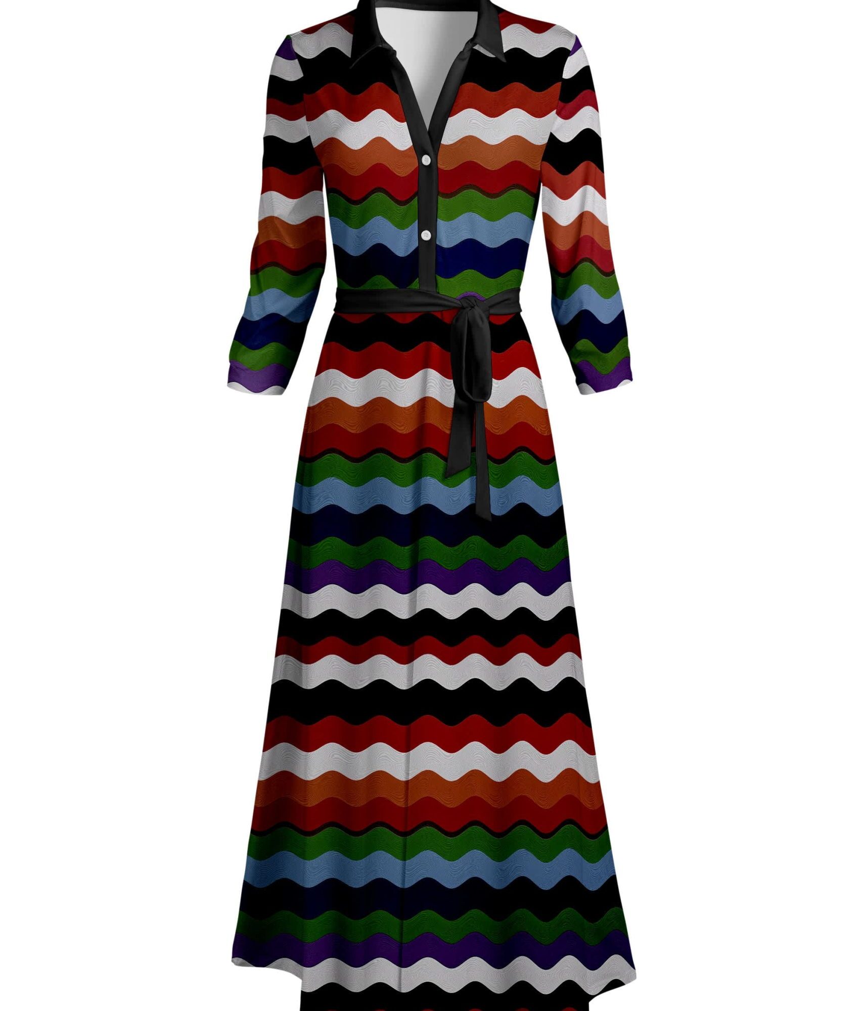 Lily by Firmiana Women's Long Sleeve Collared Maxi Dress with Tie Multicolor Chevron Stripe