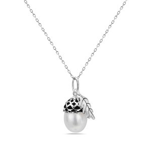 Vera & Co Women Sterling Silver Acron Charm with Freshwater Pearl Necklace 18 inches