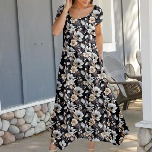 Lily by Firmiana Women's Cap Sleeve Fishtail Maxi Dress Black & White Daisy Mix