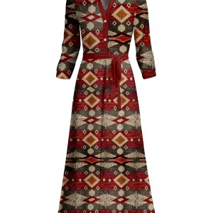 Lily by Firmiana Women's Long Sleeve Collared Maxi Dress with Tie Red & Tan Diamond Geo