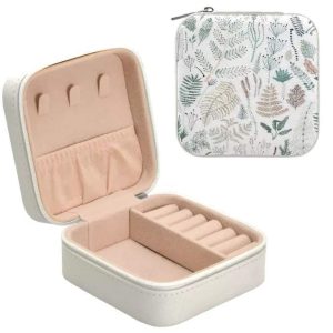 Compact Travel Size Jewelry Storage Box With Fern And Leaf Pattern