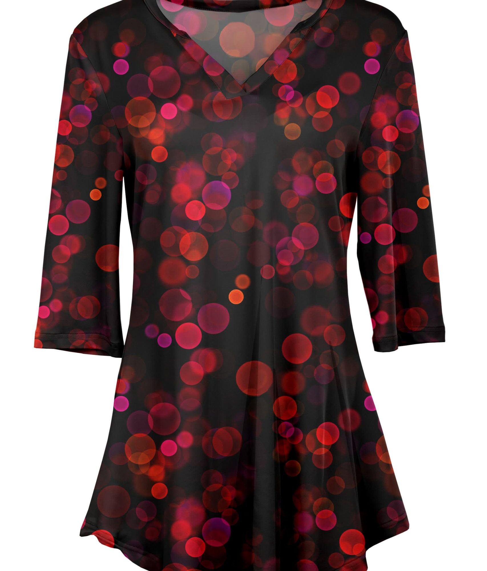 Lily by Firmiana Women's 3/4 Sleeve Notch Neck Tunic Red Ornament Lights Holiday Print