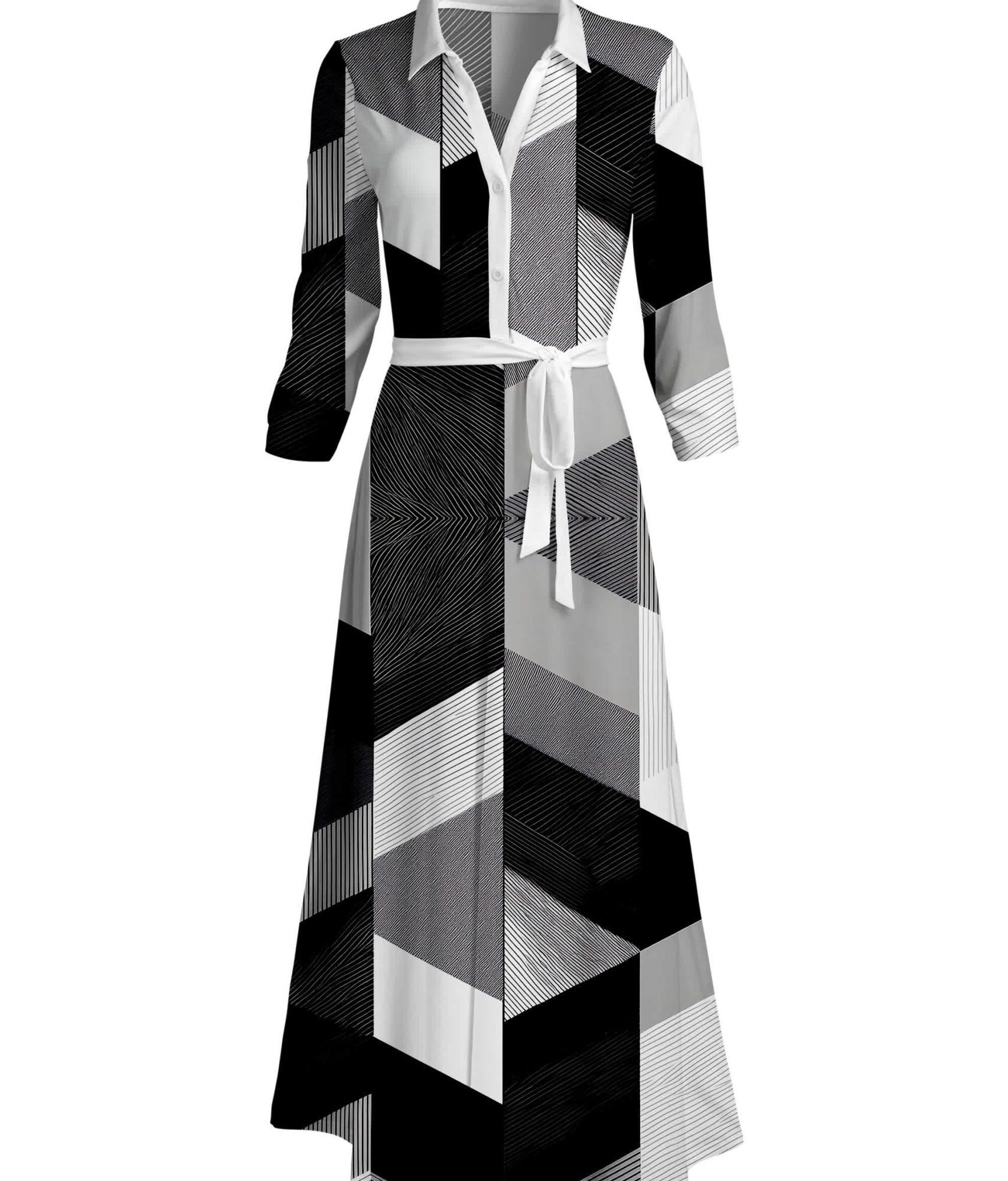 Lily by Firmiana Women's Long Sleeve Collared Maxi Dress with Tie Black & White Block Pattern