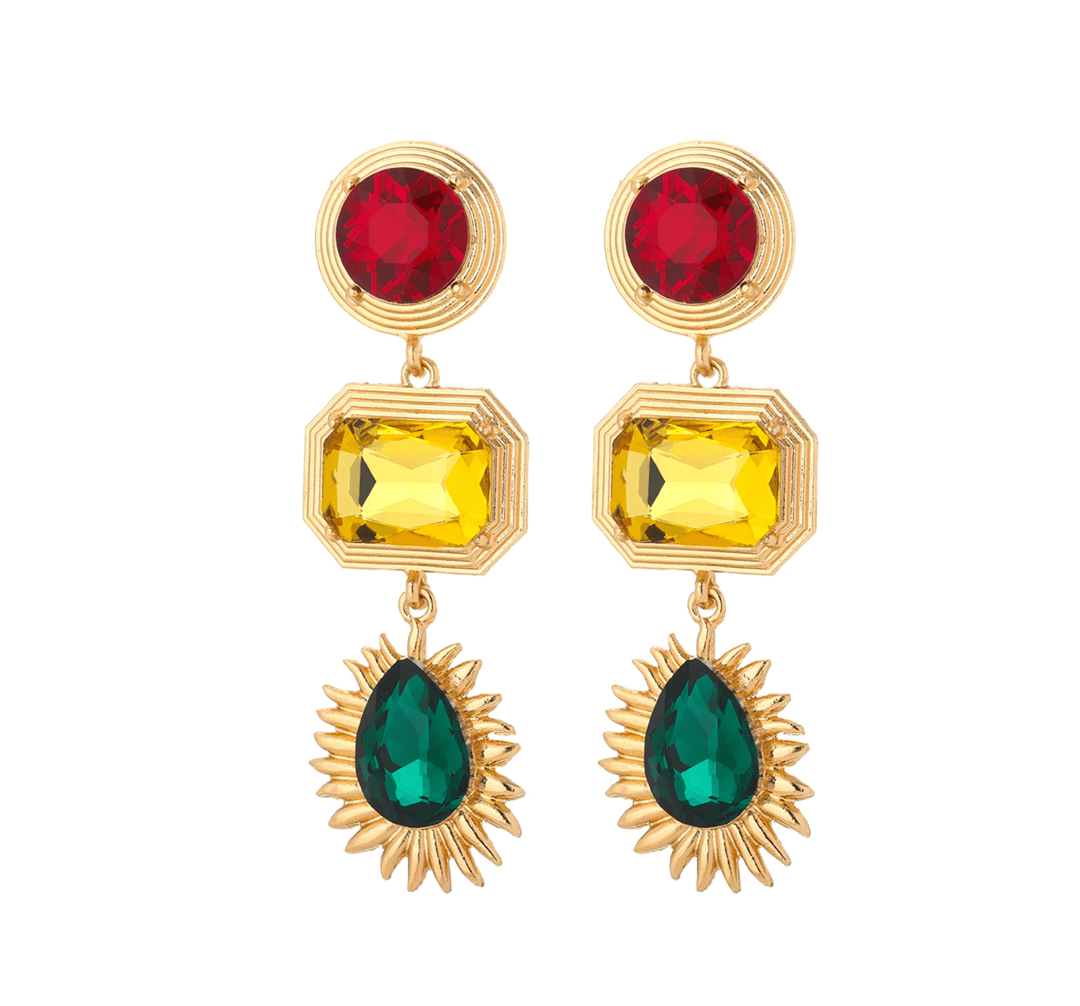 Don't AsK Crystal Geometric Teardrop Sun Drop Earrings ?C Red. Topaz & Emerald Crystals