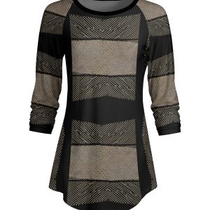 Lily by Firmiana Women's ¾ Sleeve Scoop Neck Tunic Top Gold & Black Stripe Print