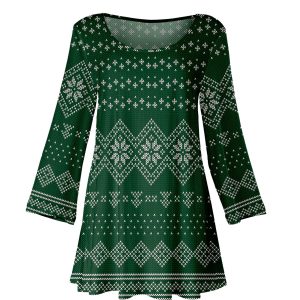 Lily by Firmiana Women's Long Sleeve Scoop Neck Flared Hem Tunic Green Fair Isle Sweater Print