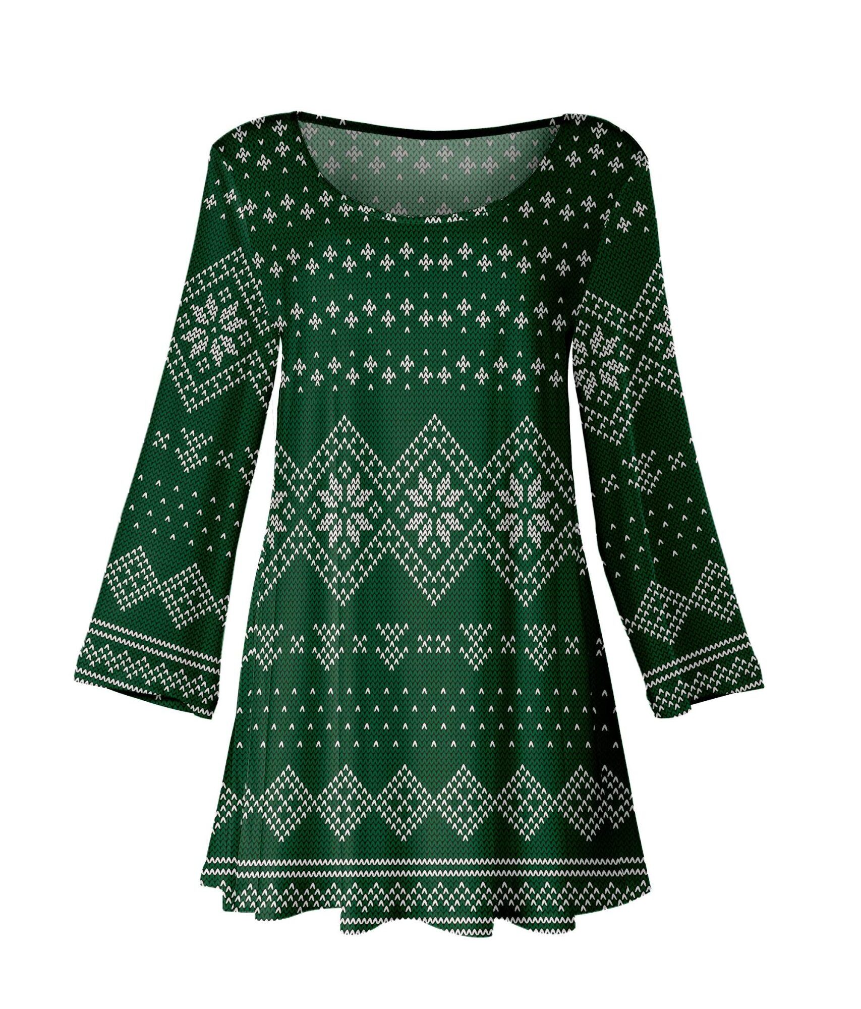 Lily by Firmiana Women's Long Sleeve Scoop Neck Flared Hem Tunic Green Fair Isle Sweater Print
