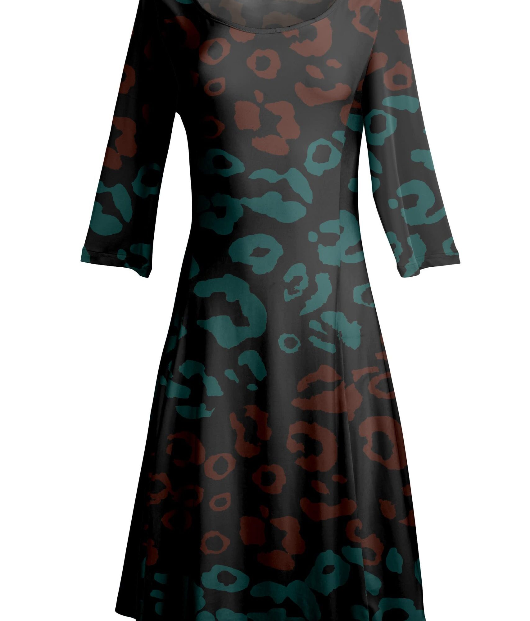 Lily by Firmiana Women's ¾ Sleeve Fit-and-Flare Dress Teal & Brown Baroque Print