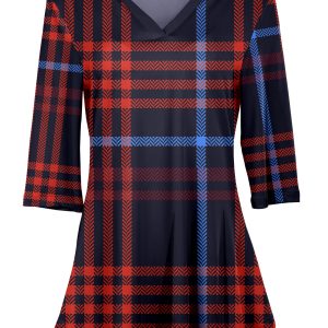 Lily by Firmiana Women's 3/4 Sleeve Notch Neck Tunic Red & Navy Plaid Holiday Print