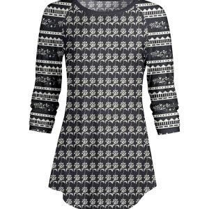 Lily by Firmiana Women's ¾ Sleeve Scoop Neck Tunic Top Gray Fair Isle Sweater Print