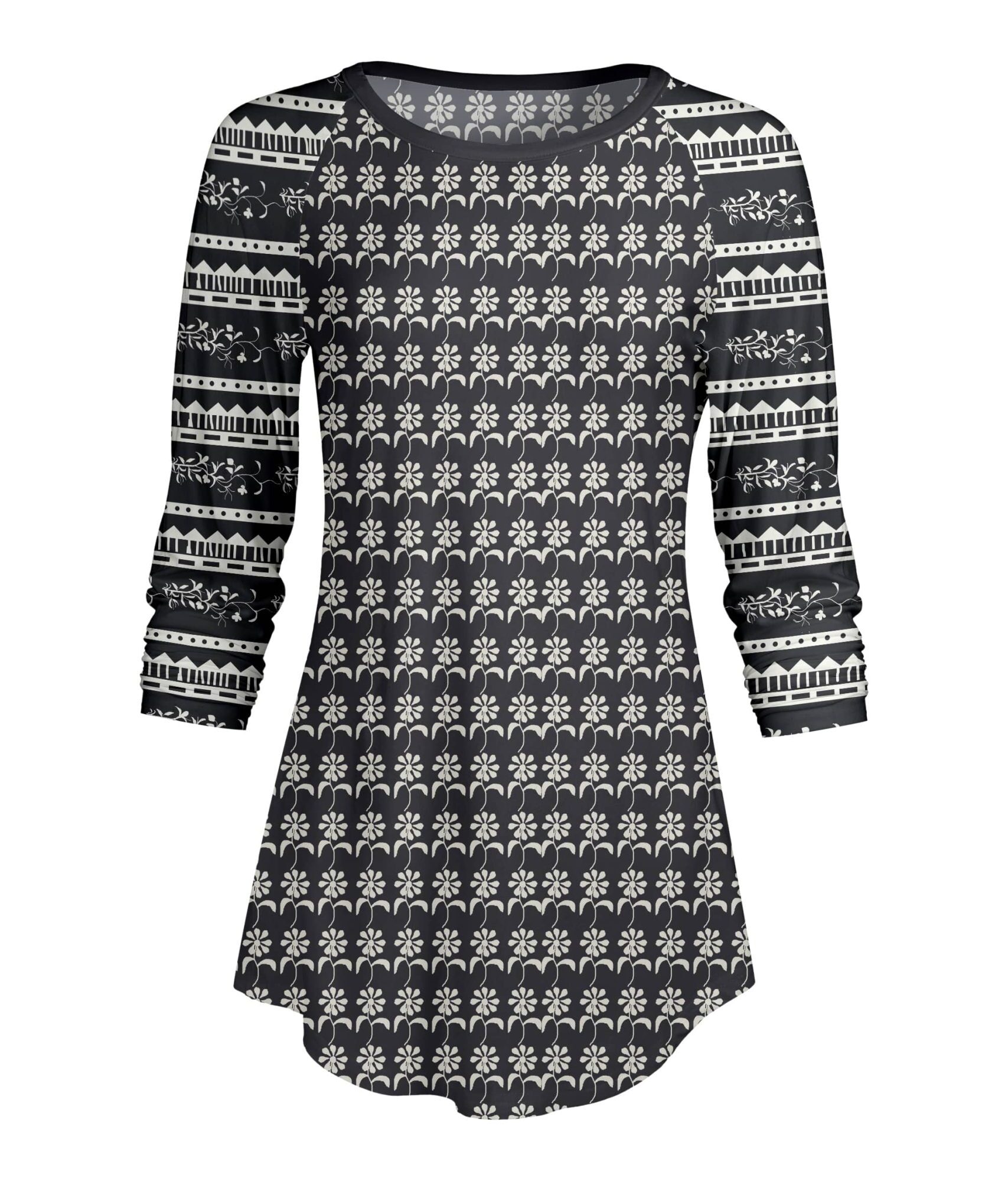 Lily by Firmiana Women's ¾ Sleeve Scoop Neck Tunic Top Gray Fair Isle Sweater Print