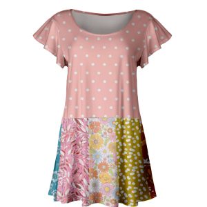 Lily by Firmiana Women's Short Sleeve Flutter Hem Tunic Top Pink & Yellow Dot Print